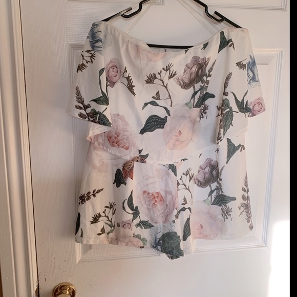 Charlotte Russe Pink and Gray Floral Off Shoulder Romper Large - Picture 4 of 4